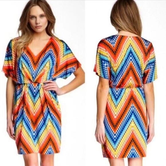 Trina Turk Dresses & Skirts - Trina Turk Multicolor Chevron Geometric Print Dolman Shift Dress Womens 12 Retro